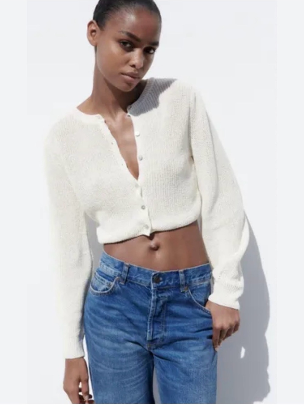 Zara Cropped Cream Button-Front Knit Cardigan XS